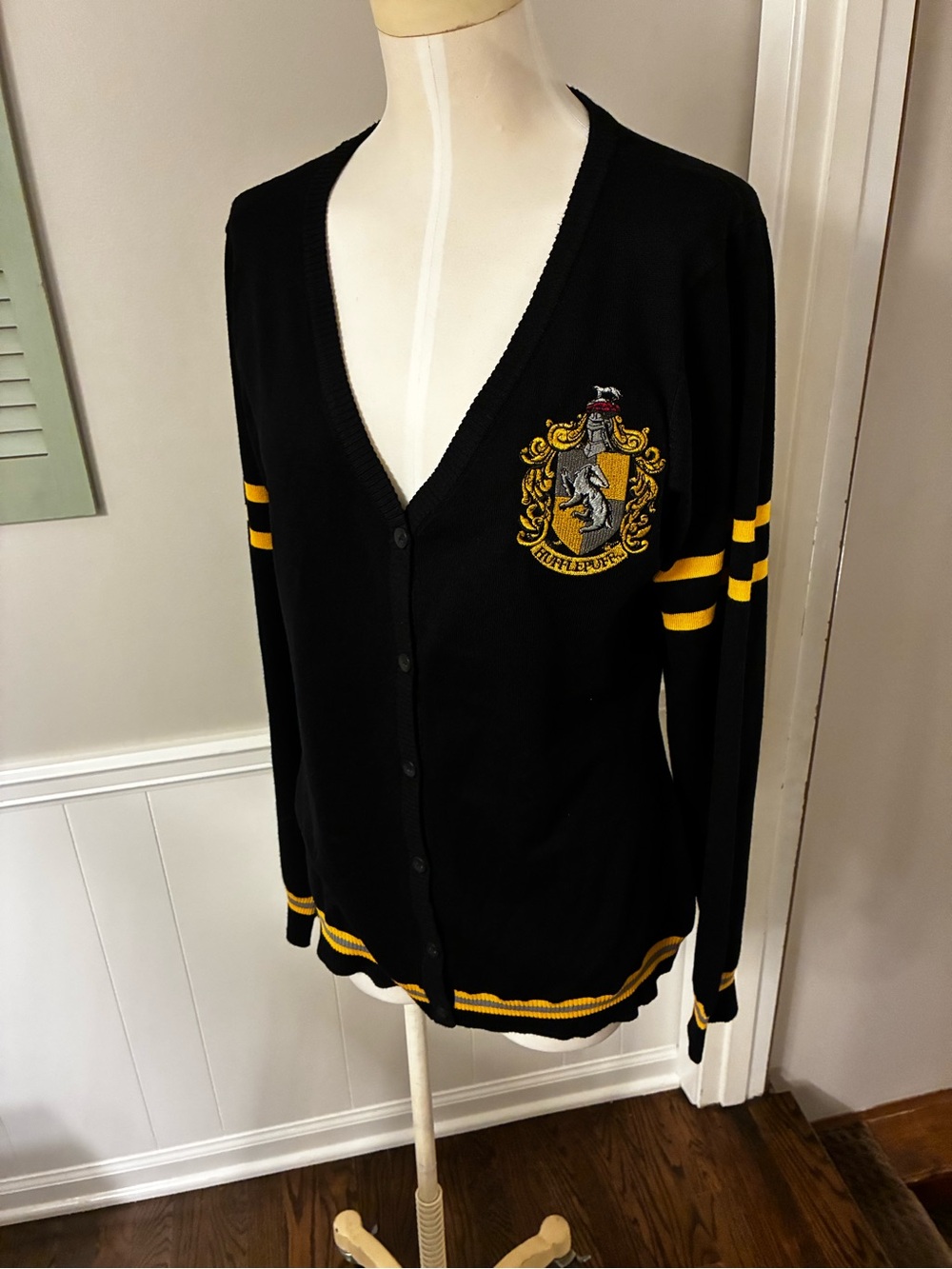 Harry Potter Black V-Neck Hufflepuff Cardigan with Yellow Crest and Stripes